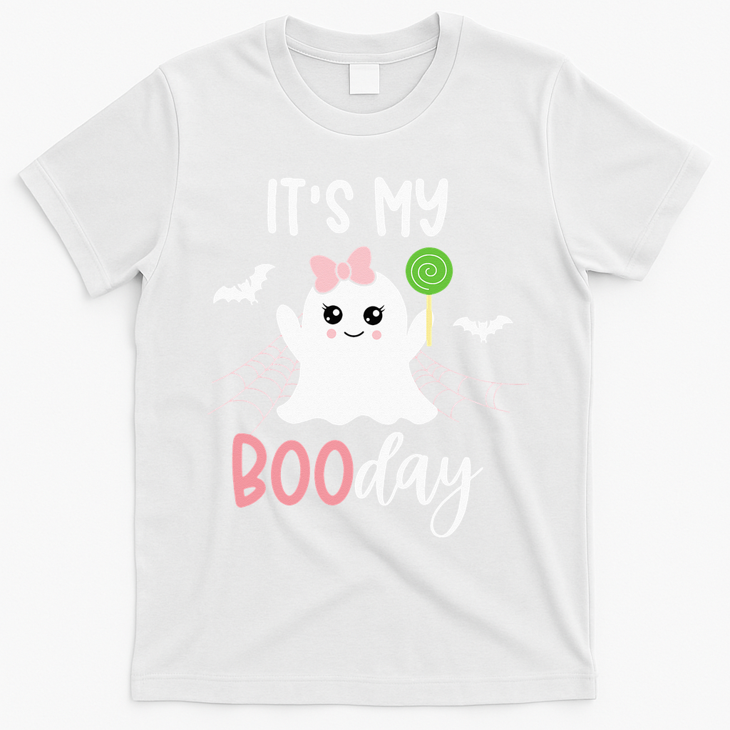 Its My Boo Day Cute Halloween Birthday Ghost Pink Bow Girls T-Shirt - White