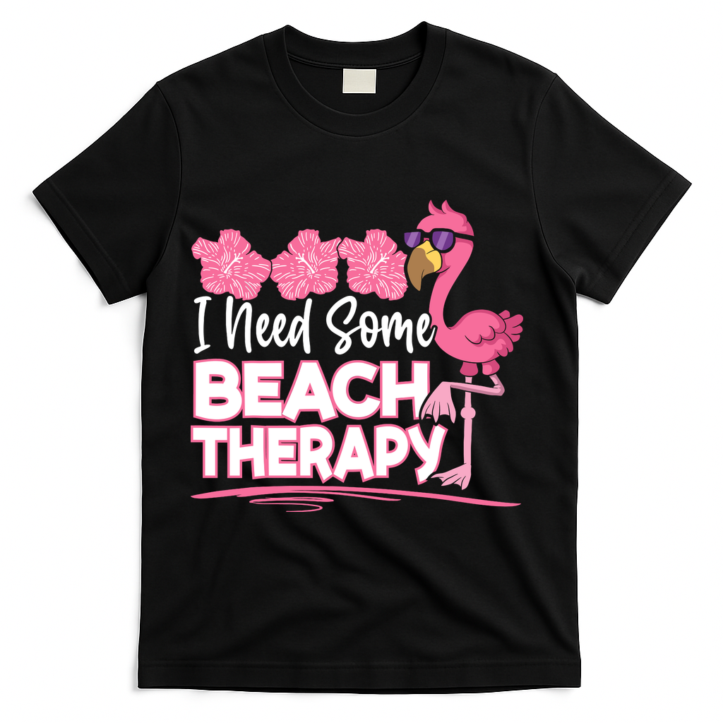 I Need Some Beach Therapy Summer Vacay Flamingo T-Shirt - Black