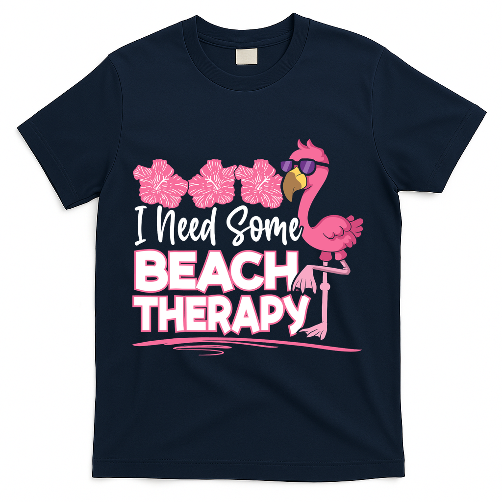 I Need Some Beach Therapy Summer Vacay Flamingo T-Shirt - Navy