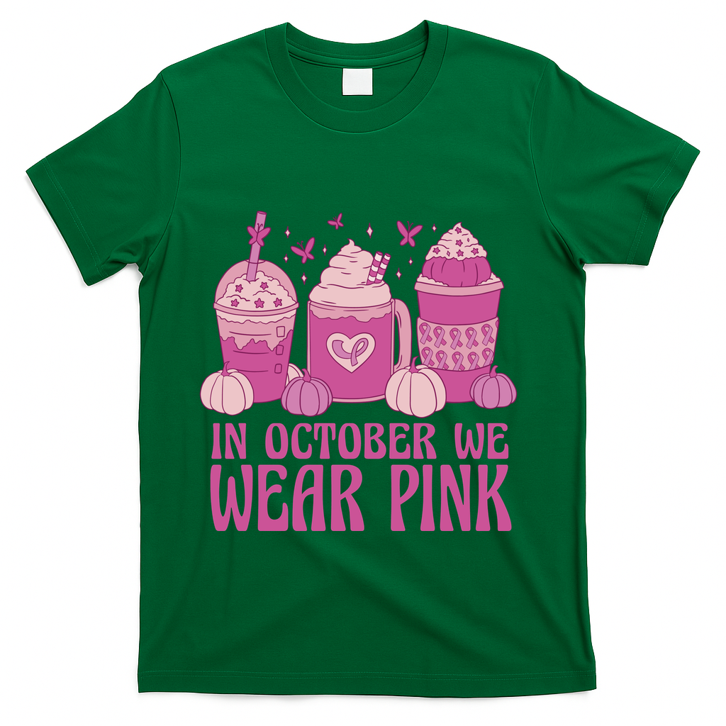 In October We Wear Pink Autumn Pumpkin Coffee T-Shirt - Green