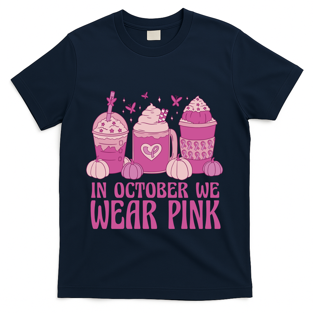 In October We Wear Pink Autumn Pumpkin Coffee T-Shirt - Navy