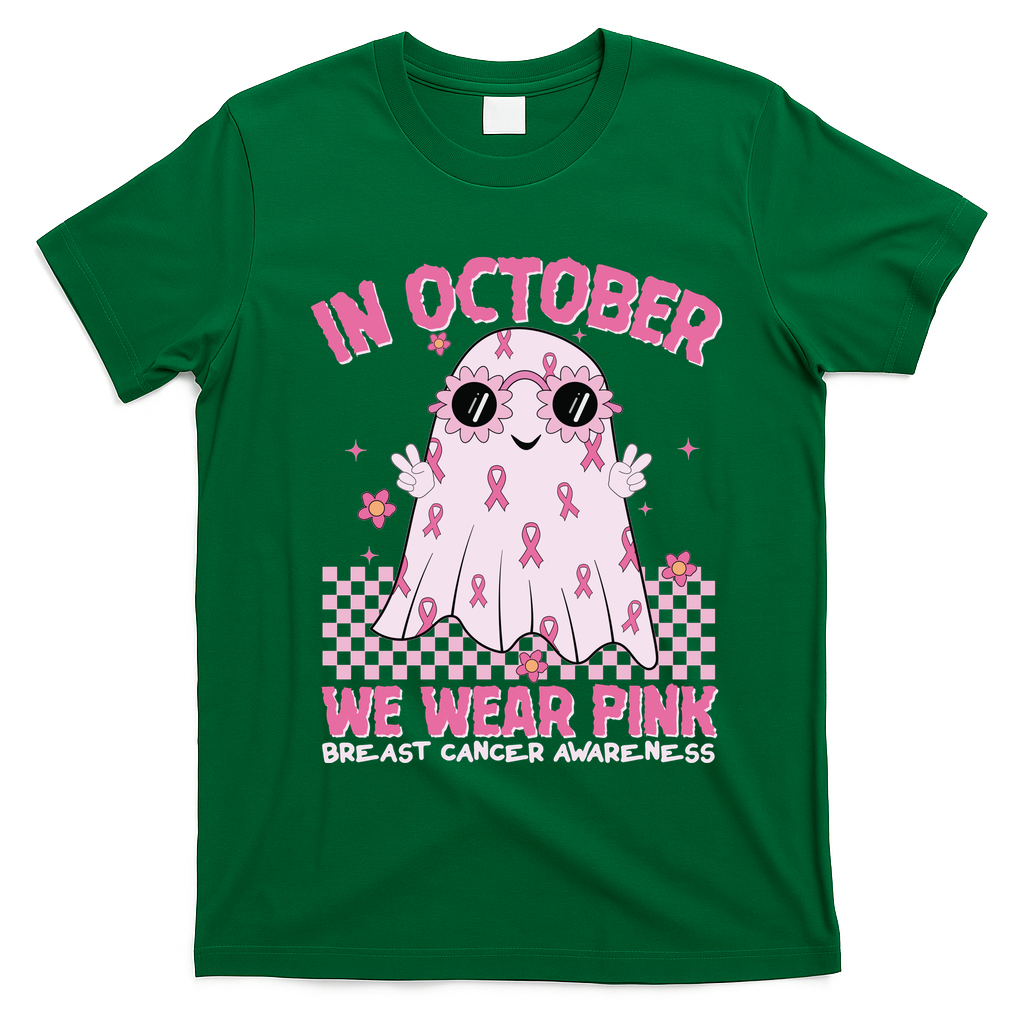 In October We Wear Pink Breast Cancer Awareness Halloween Pink Ghost T-Shirt - Irish Green