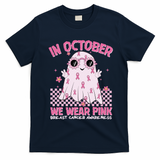 In October We Wear Pink Breast Cancer Awareness Halloween Pink Ghost T-Shirt - Navy Blue
