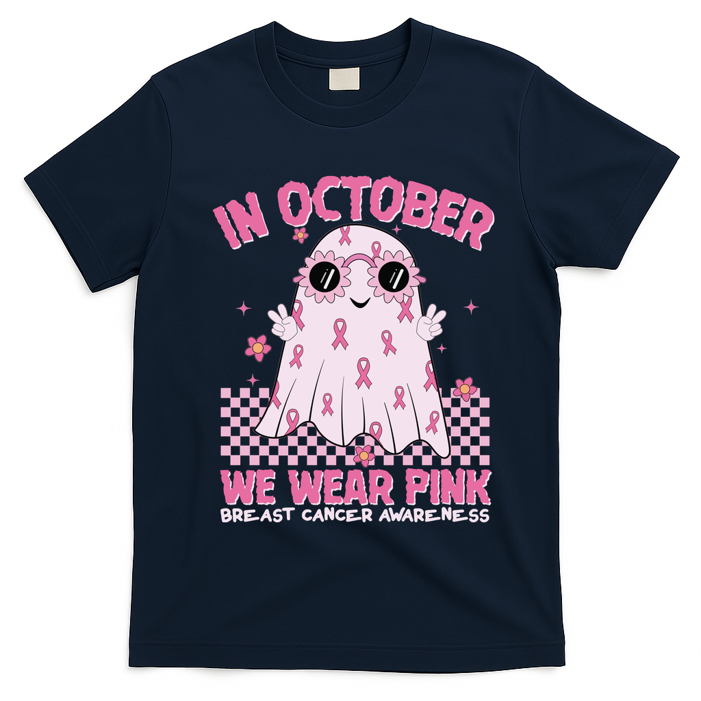 In October We Wear Pink Breast Cancer Awareness Halloween Pink Ghost T-Shirt - Navy Blue