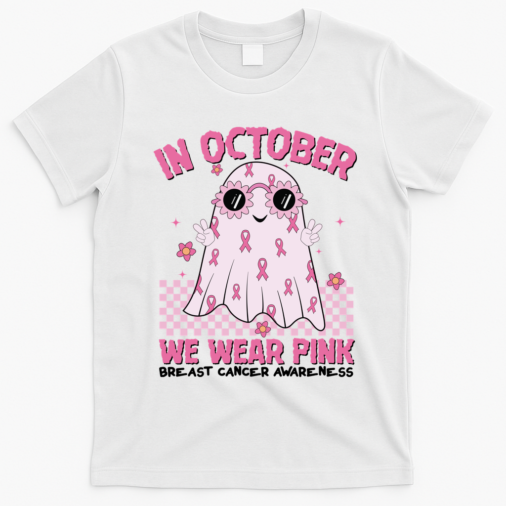 In October We Wear Pink Breast Cancer Awareness Halloween Pink Ghost T-Shirt - White