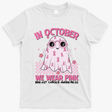 In October We Wear Pink Breast Cancer Awareness Halloween Pink Ghost T-Shirt - White