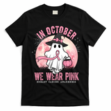 In October We Wear Pink Breast Cancer Halloween Ghost T-Shirt - Black