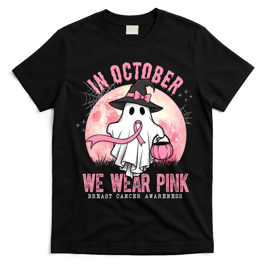 In October We Wear Pink Breast Cancer Halloween Ghost T-Shirt - Black