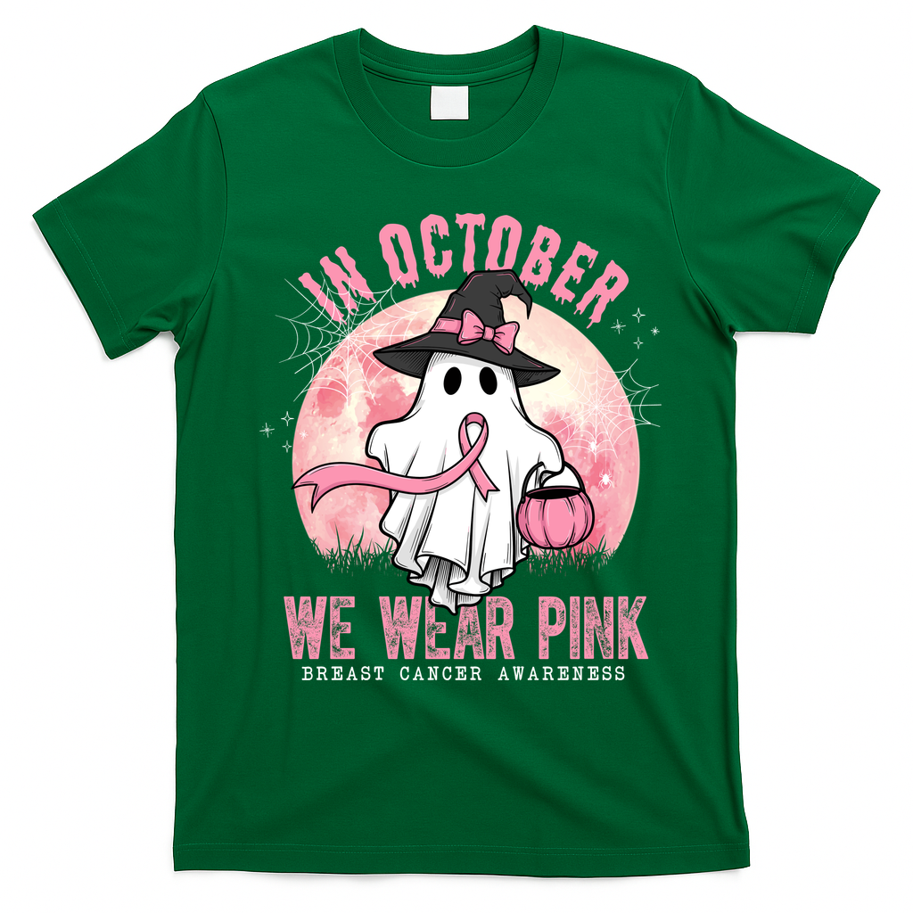 In October We Wear Pink Breast Cancer Halloween Ghost T-Shirt - Irish Green