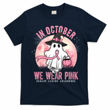 In October We Wear Pink Breast Cancer Halloween Ghost T-Shirt - Navy Blue