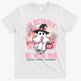 In October We Wear Pink Breast Cancer Halloween Ghost T-Shirt - White
