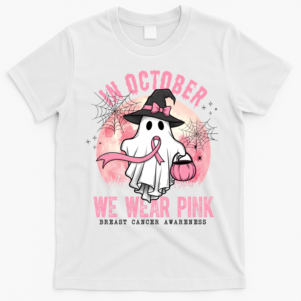 In October We Wear Pink Breast Cancer Halloween Ghost T-Shirt - White