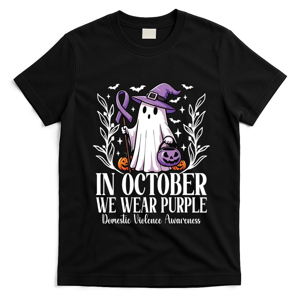 In October We Wear Purple Domestic Violence Ghost Halloween T-Shirt - Black