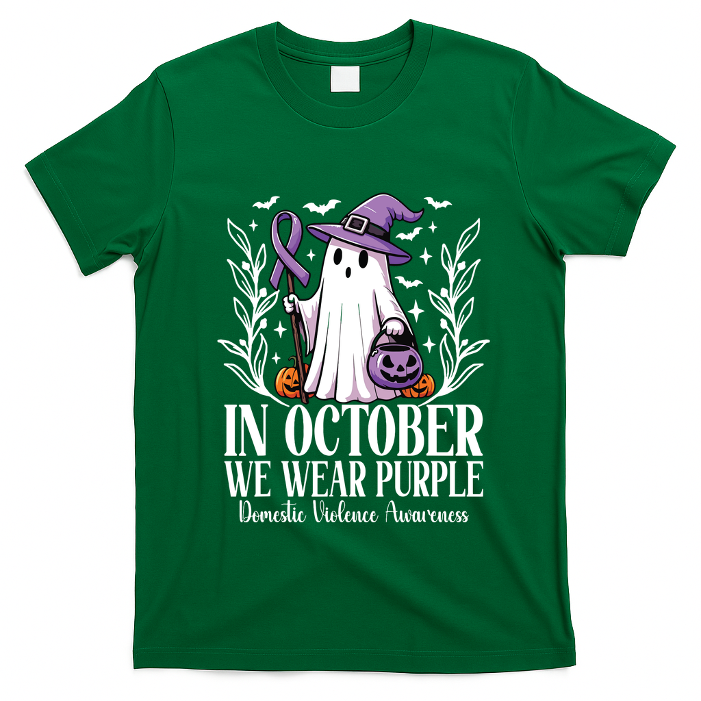 In October We Wear Purple Domestic Violence Ghost Halloween T-Shirt - Irish Green