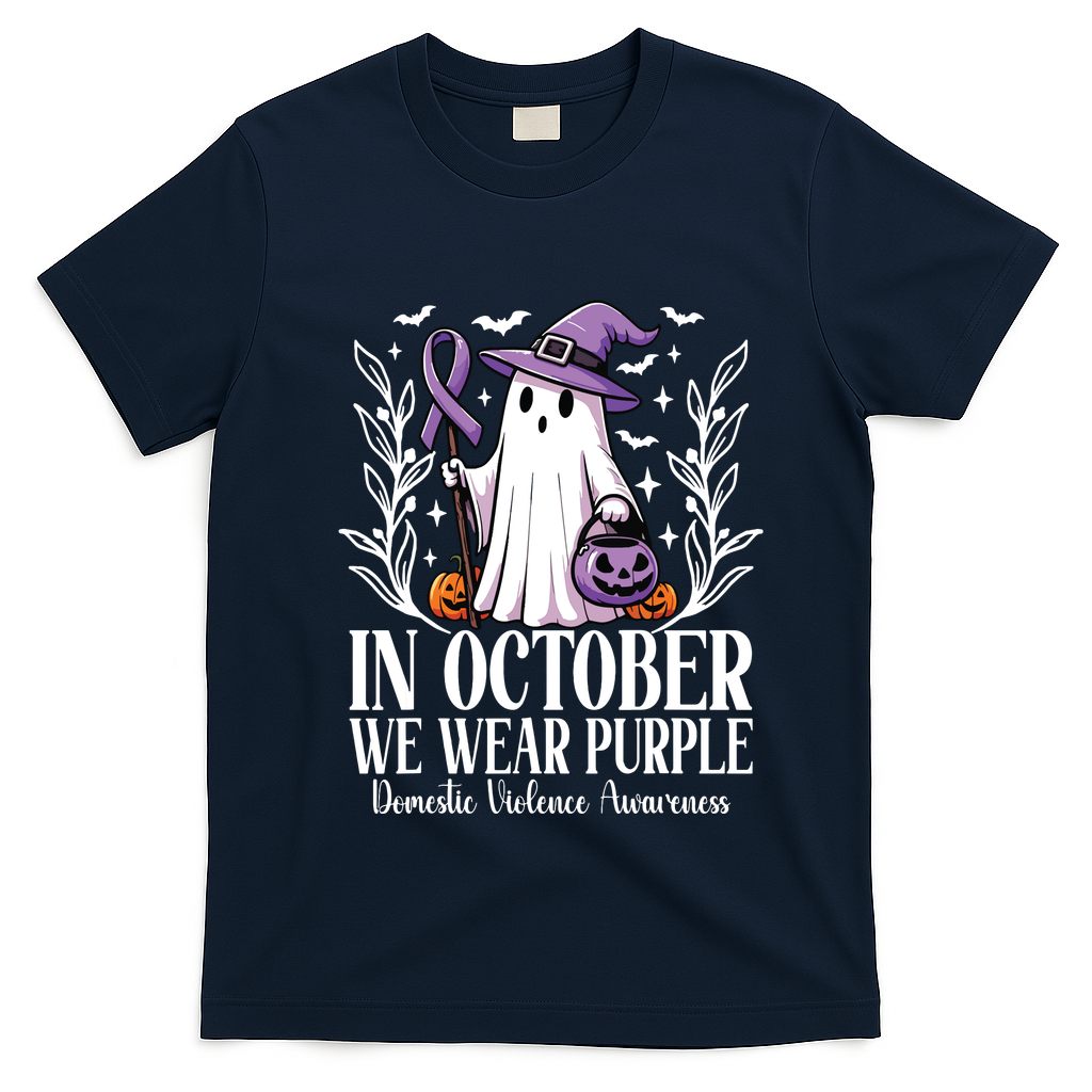 In October We Wear Purple Domestic Violence Ghost Halloween T-Shirt - Navy Blue