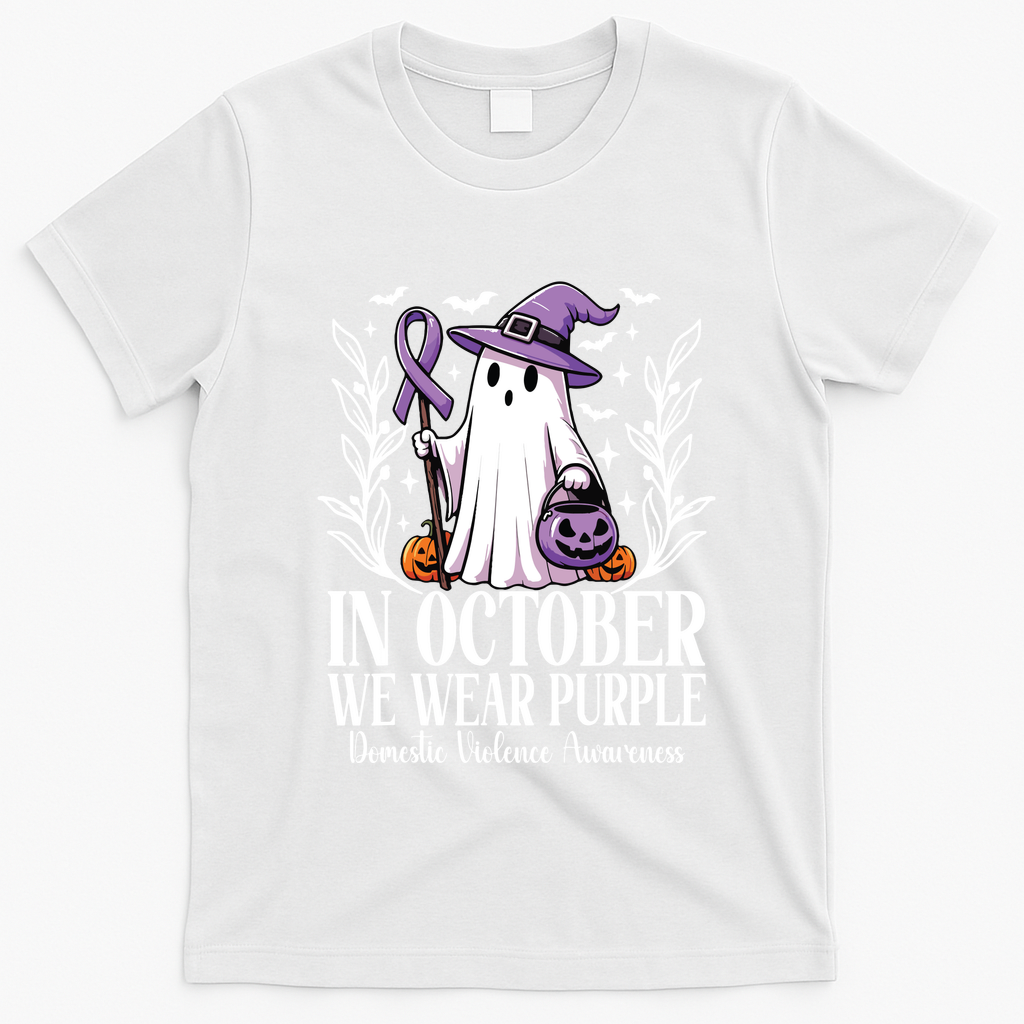 In October We Wear Purple Domestic Violence Ghost Halloween T-Shirt - White