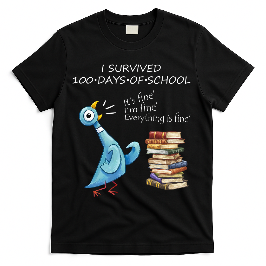 I Survived 100 Days Of School Pigeon 100th Day T-Shirt - Black