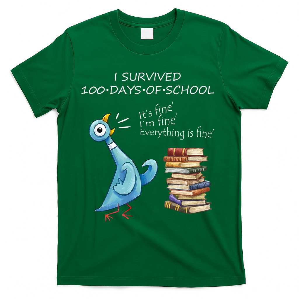 I Survived 100 Days Of School Pigeon 100th Day T-Shirt - Green