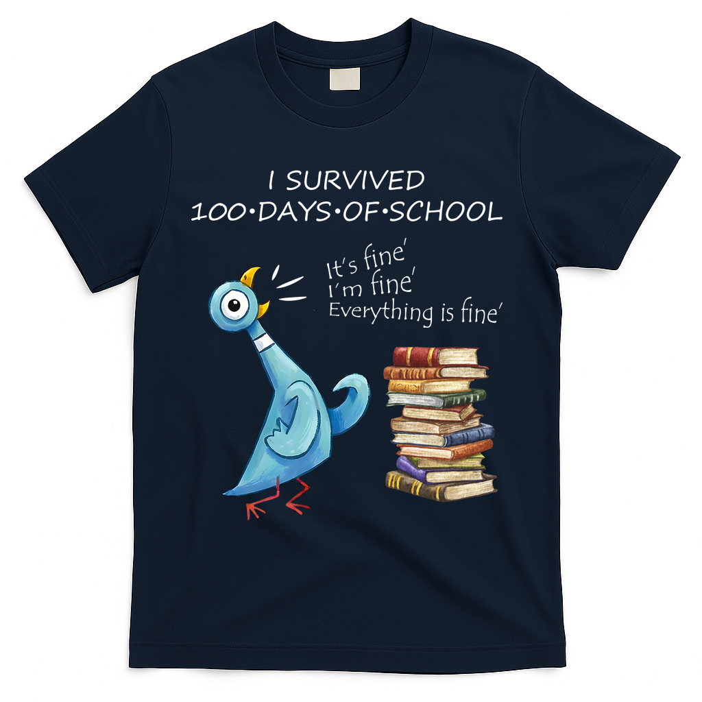 I Survived 100 Days Of School Pigeon 100th Day T-Shirt - Navy