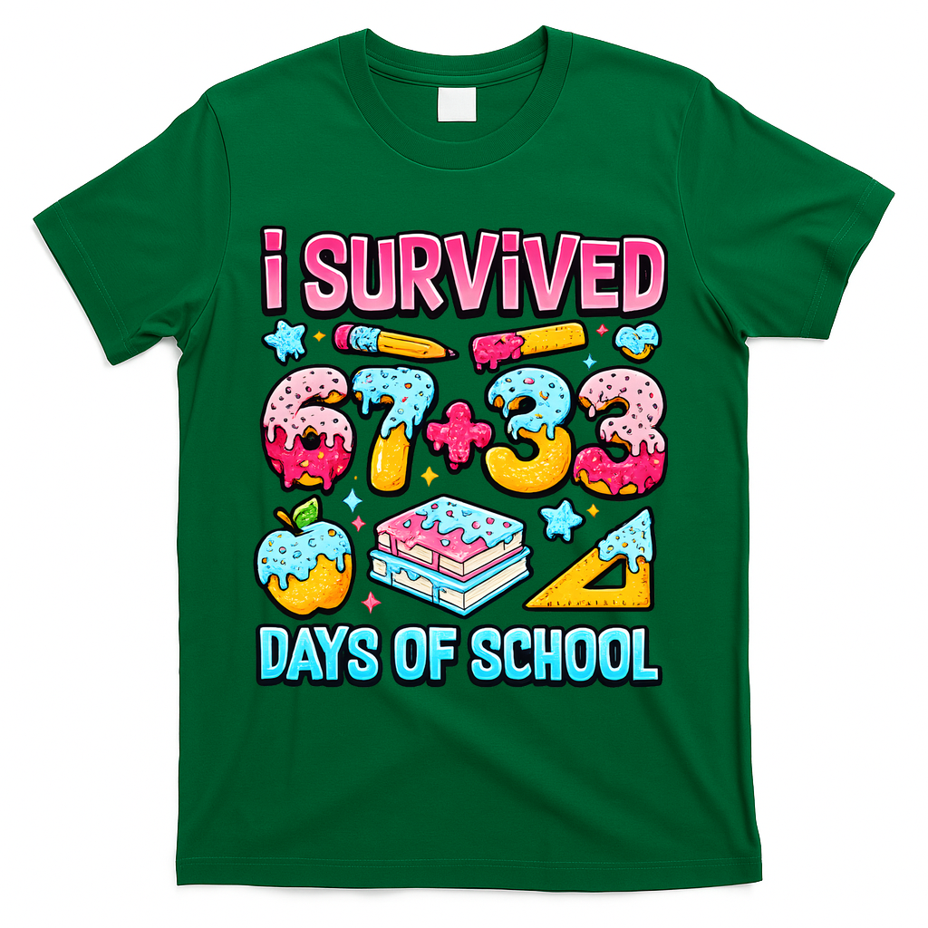 I Survived 67 33 Days Of School 100 Day 6-7 Meme T-Shirt - Green