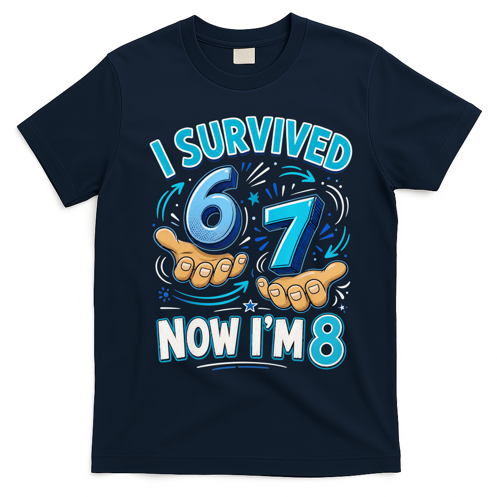 I Survived 6 7 Now I'm 8 8th Birthday 67 Meme T-Shirt - Navy Blue