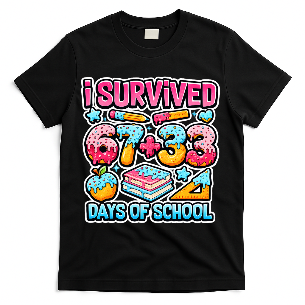 I Survived 67 33 Days Of School 100 Days Of School 6-7 Meme T-Shirt - Black