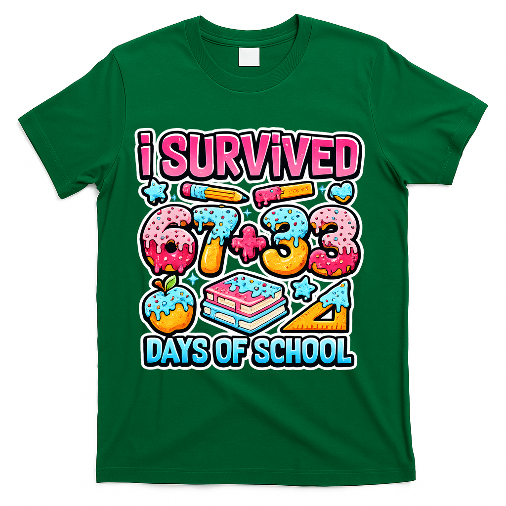 I Survived 67 33 Days Of School 100 Days Of School 6-7 Meme T-Shirt - Green