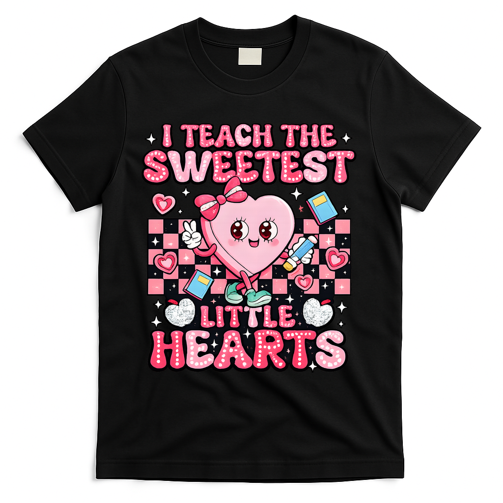 I Teach The Sweetest Little Hearts Teacher Valentines Day T-Shirt - Black