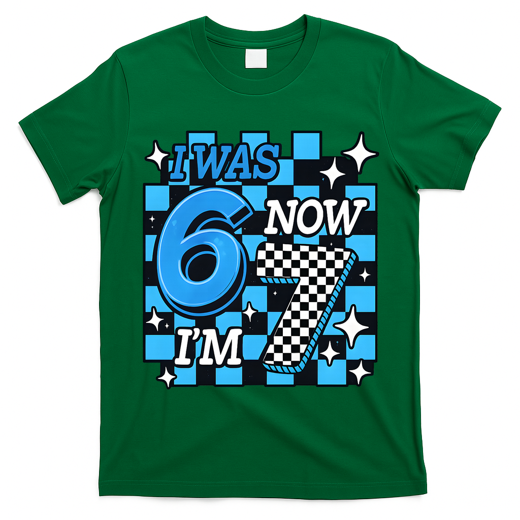 I Was 6 Now I'm 7 Birthday Bday Blue Checkered T-Shirt