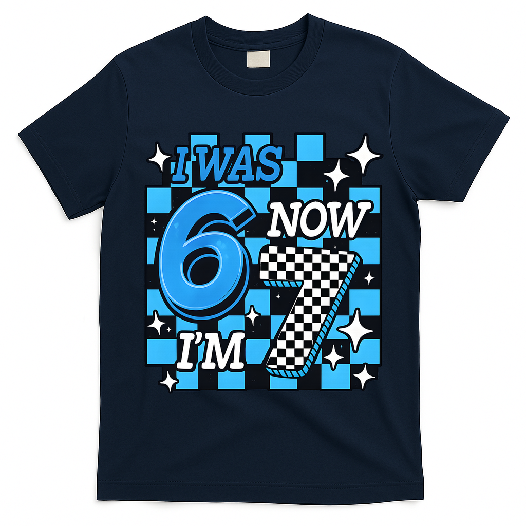 I Was 6 Now I'm 7 Birthday Bday Blue Checkered T-Shirt