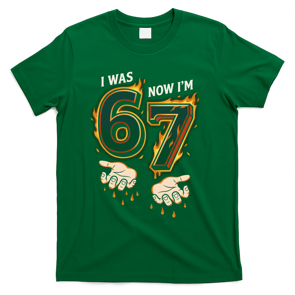 I Was 6 Now I'm 7 Meme Six Seven 67 Cartoon Hands Funny T-Shirt - Green