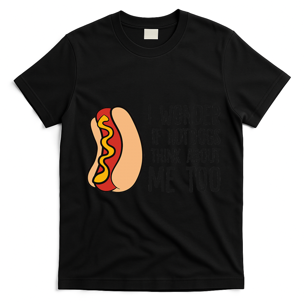 I Wonder If Hotdogs Think About Me Too Funny Hot Dog T-Shirt - Black