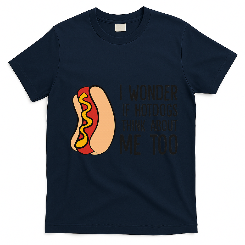 I Wonder If Hotdogs Think About Me Too Funny Hot Dog T-Shirt - Navy Blue