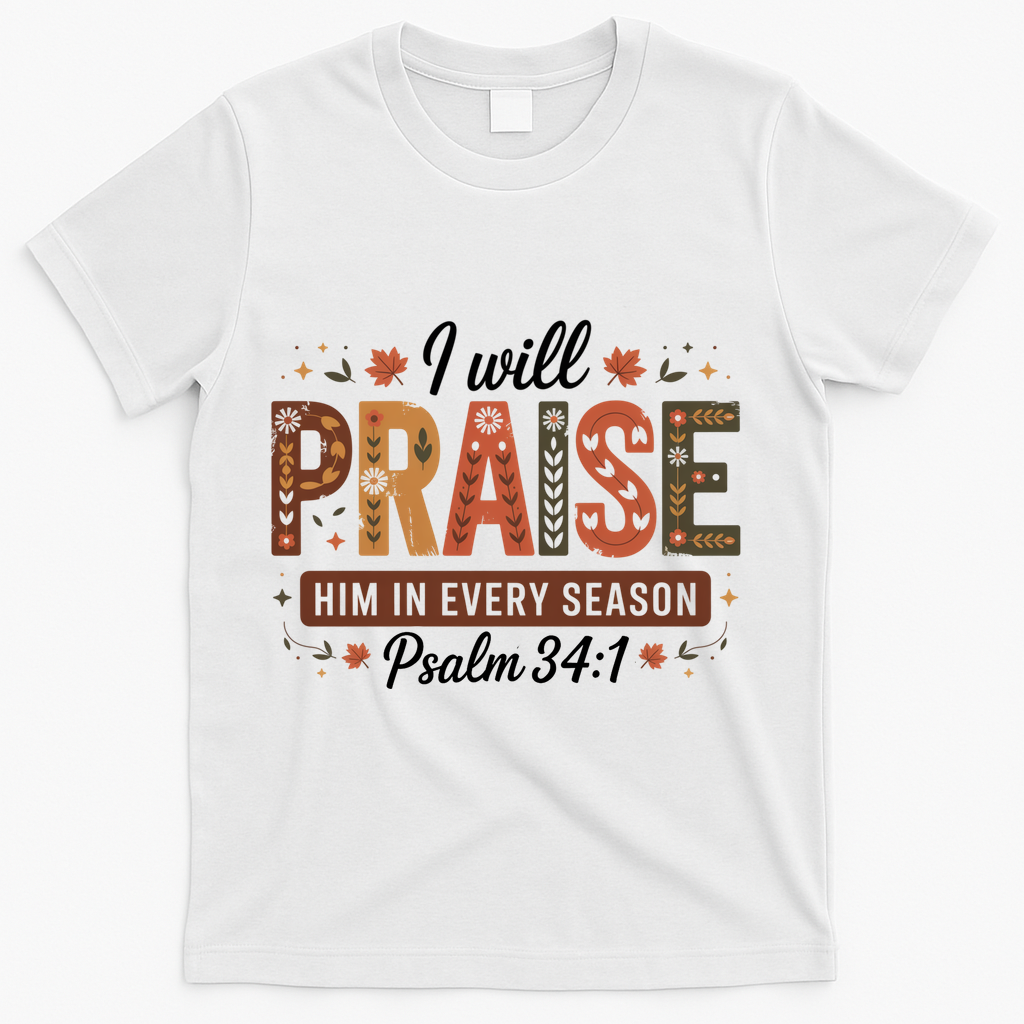I Will Praise Him In Every Season Fall Christian Thanksgiving T-Shirt - White