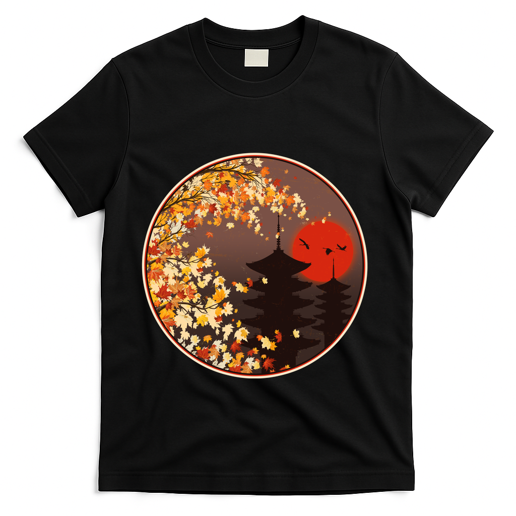 Japanese Autumn Fall Leaves Pagodas T-Shirt - Black