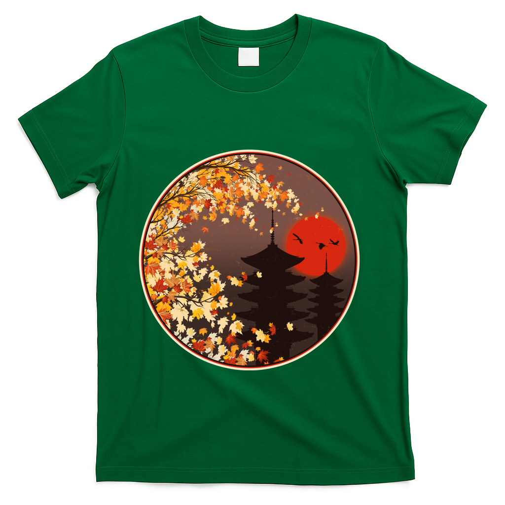 Japanese Autumn Fall Leaves Pagodas T-Shirt - Green