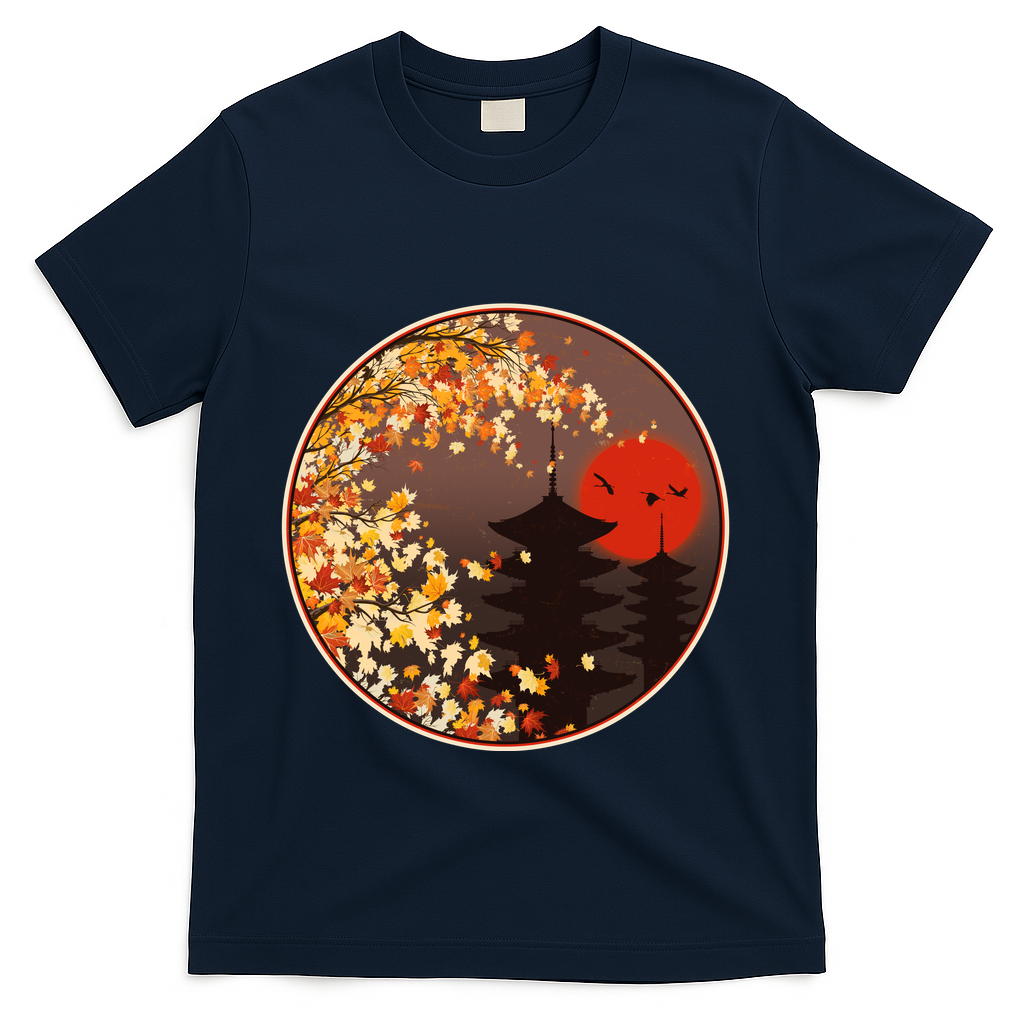 Japanese Autumn Fall Leaves Pagodas T-Shirt - Navy