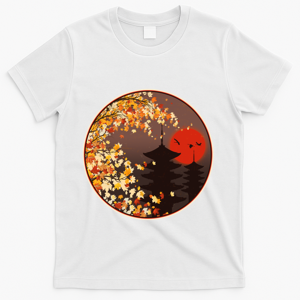 Japanese Autumn Fall Leaves Pagodas T-Shirt - White