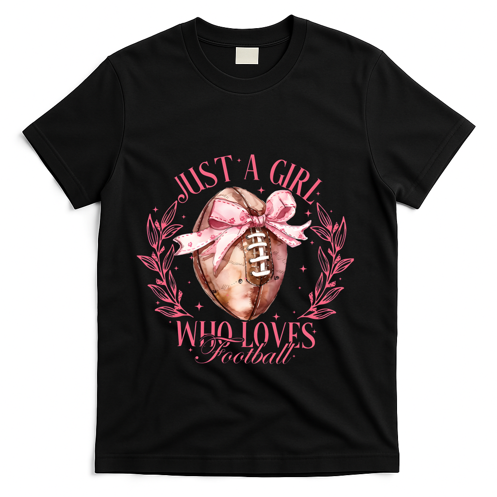 Just A Girl Who Love Football Fall Coquette Bow T-Shirt - Black