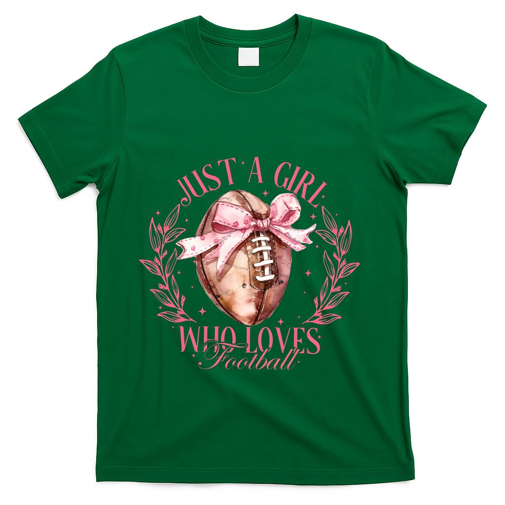 Just A Girl Who Love Football Fall Coquette Bow T-Shirt - Green