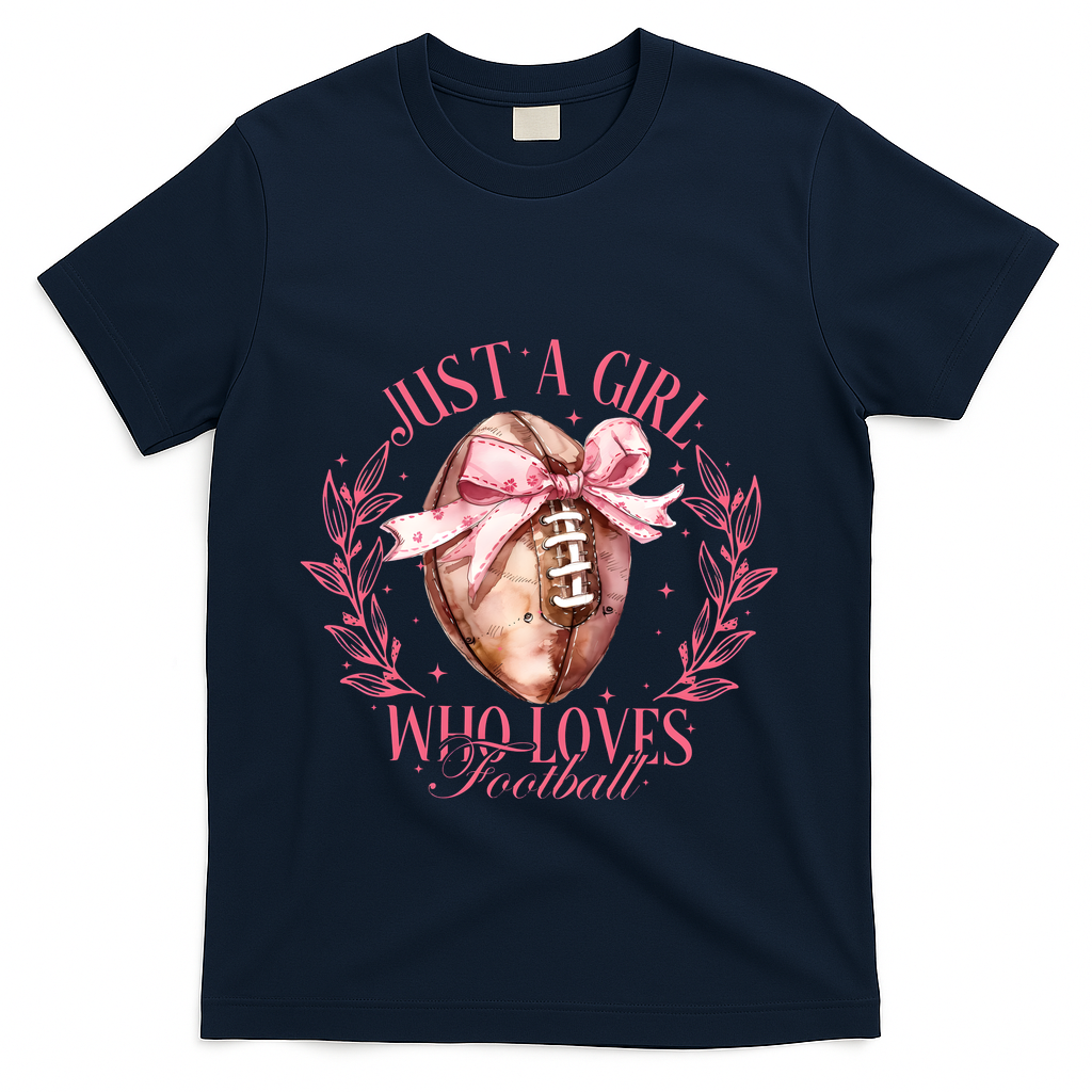 Just A Girl Who Love Football Fall Coquette Bow T-Shirt - Navy