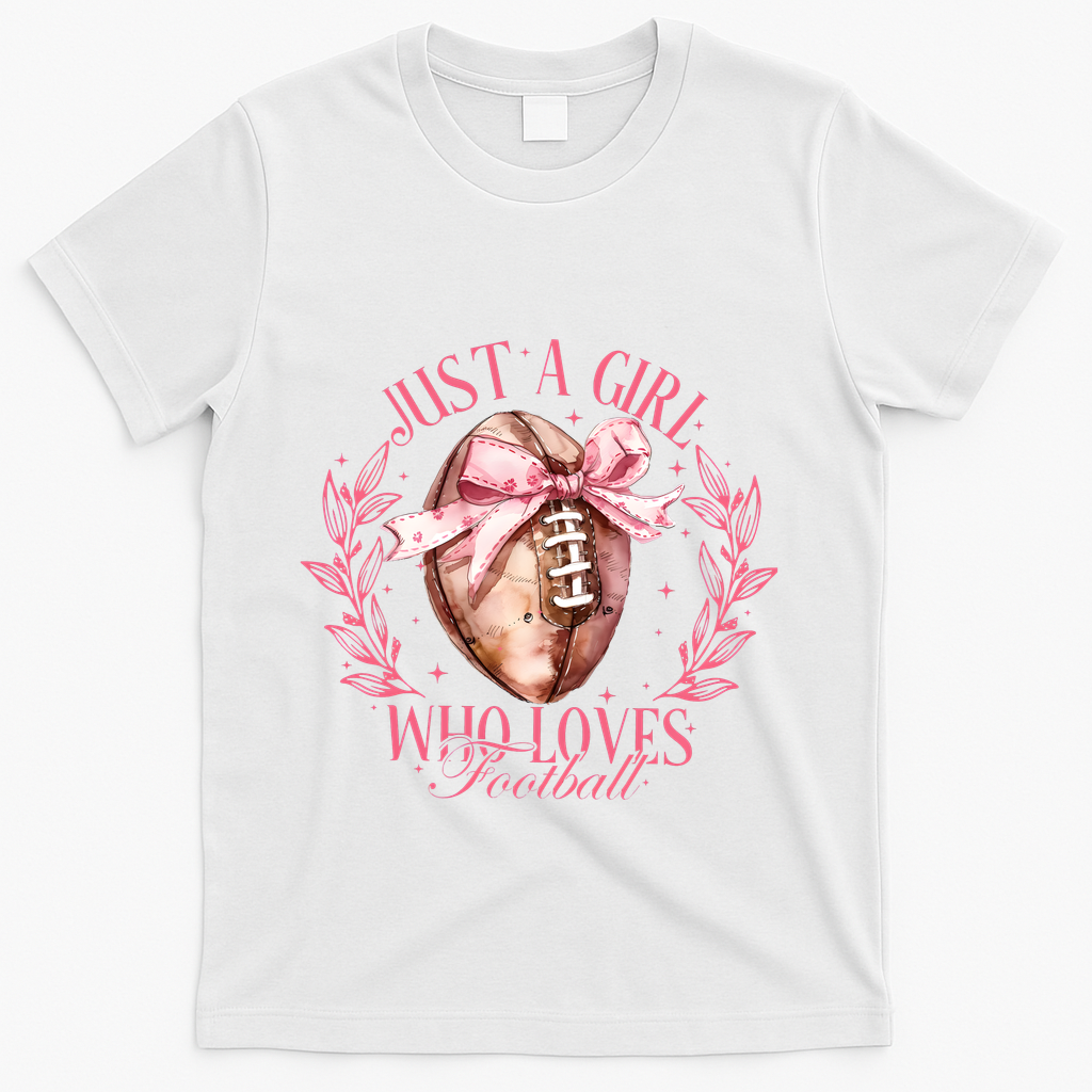 Just A Girl Who Love Football Fall Coquette Bow T-Shirt - White
