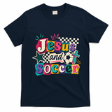 Jesus And Soccer Faith Inspired Graphic T-Shirt - Navy Blue