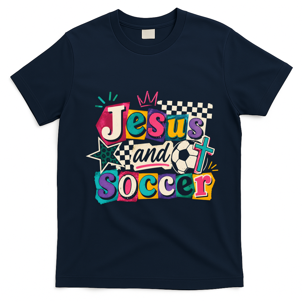 Jesus And Soccer Faith Inspired Graphic T-Shirt - Navy Blue