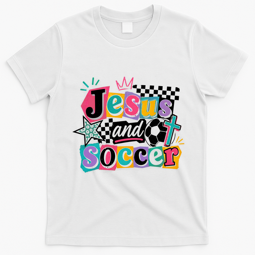 Jesus And Soccer Faith Inspired Graphic T-Shirt - White