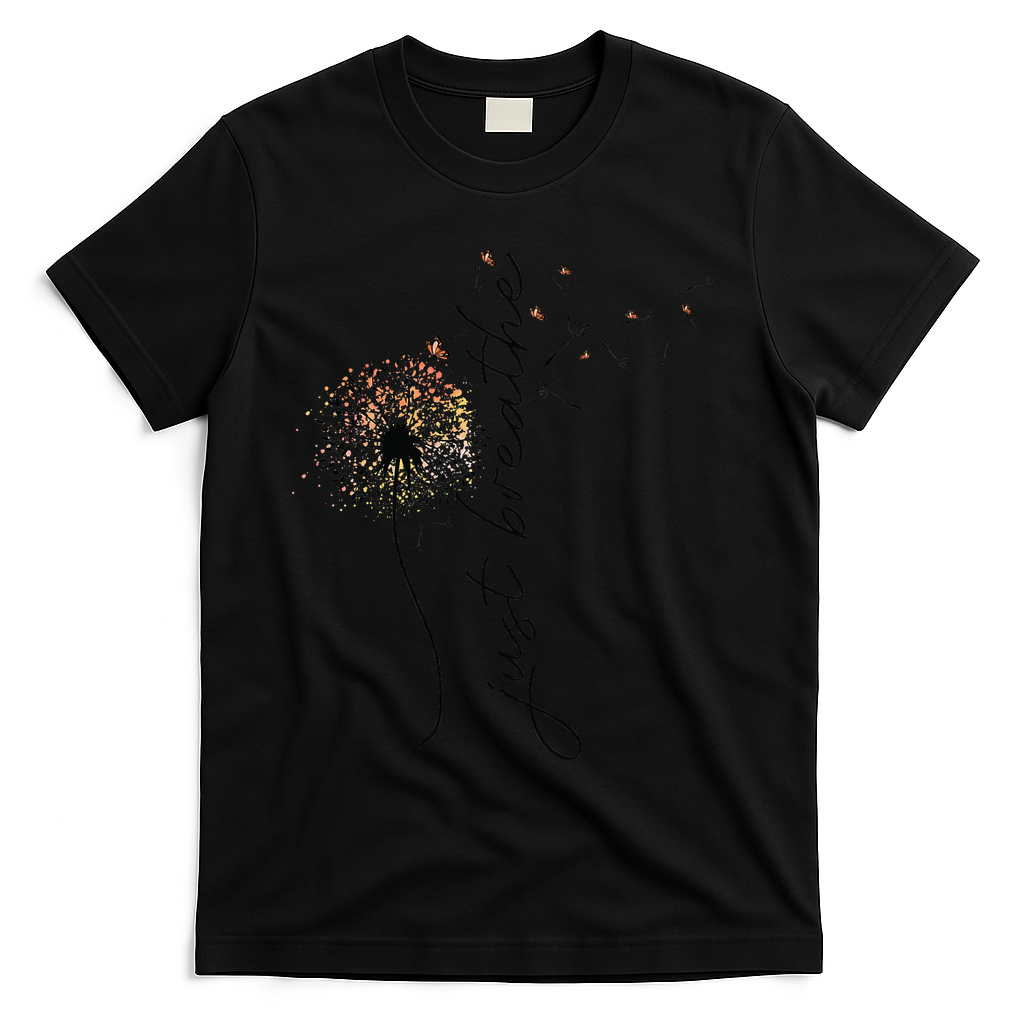 Just Breathe Dandelion And Buterflies Summer Top T-Shirt - Black