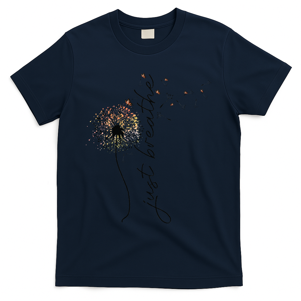 Just Breathe Dandelion And Buterflies Summer Top T-Shirt - Navy