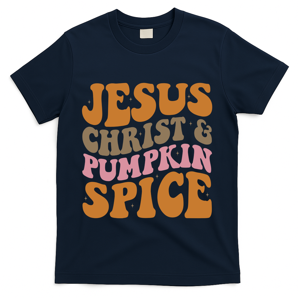 Jesus Christ And Pumpkin Spice Retro Groovy Christianity T-Shirt - Navy