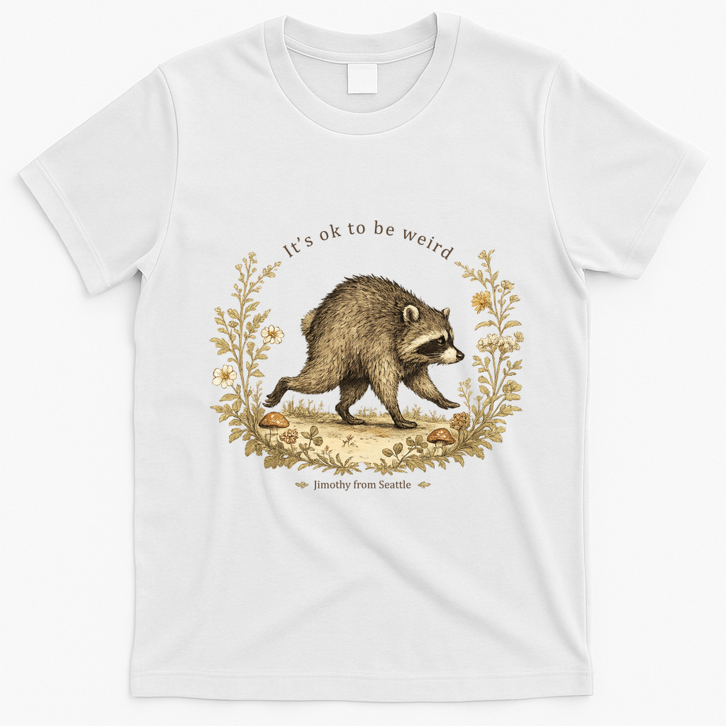 Jimothy From Seattle It’s OK To Be Weird Funny Raccoon T-Shirt - White