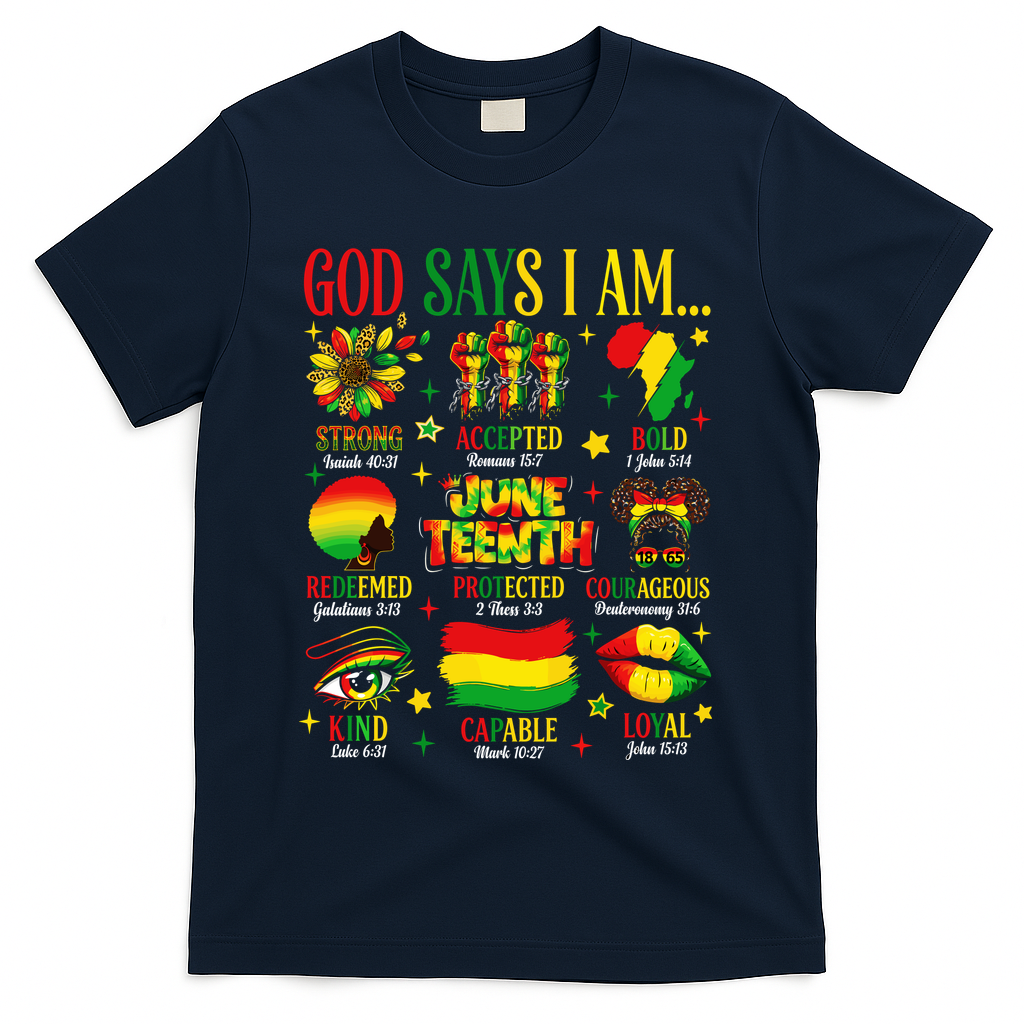 Juneteenth God Says I Am Black Freedom 1865 Christian T-Shirt - Navy